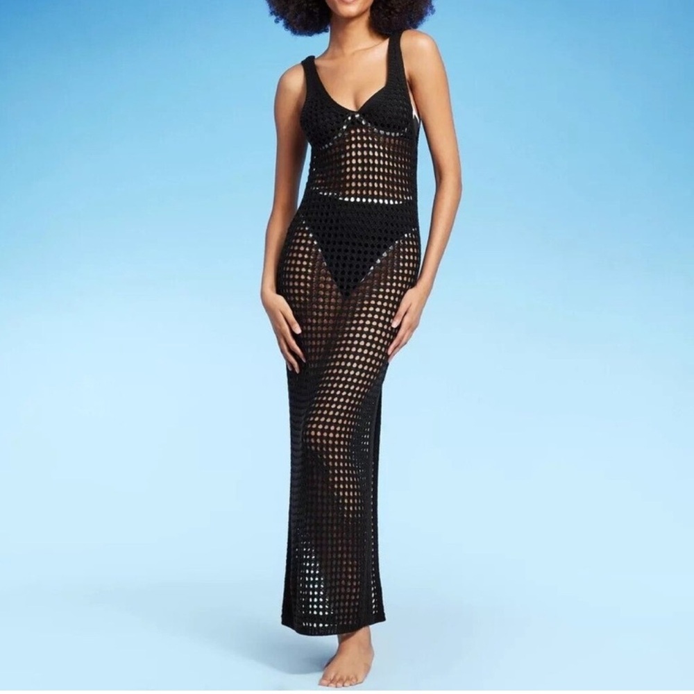 Shade & Shore V Neck Crochet Cover Up Maxi Dress In Black Size Medium